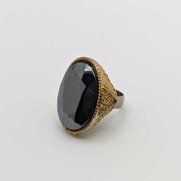 Vintage Adjustable Ring Black Glass Oval Stone ~ … - image 1