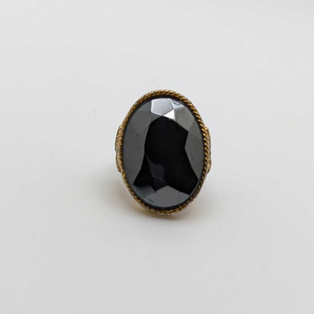 Vintage Adjustable Ring Black Glass Oval Stone ~ … - image 2