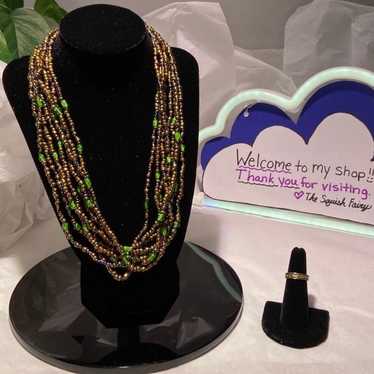 Vintage Fashion Gold Green Purple Beaded Necklace… - image 1