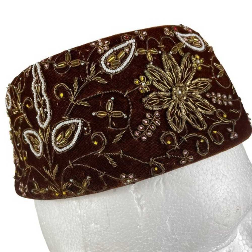 Floral Metallic Beaded Vintage Pillbox Hat Cap 19… - image 11