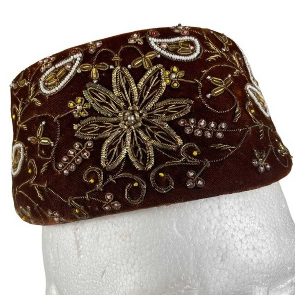 Floral Metallic Beaded Vintage Pillbox Hat Cap 19… - image 12