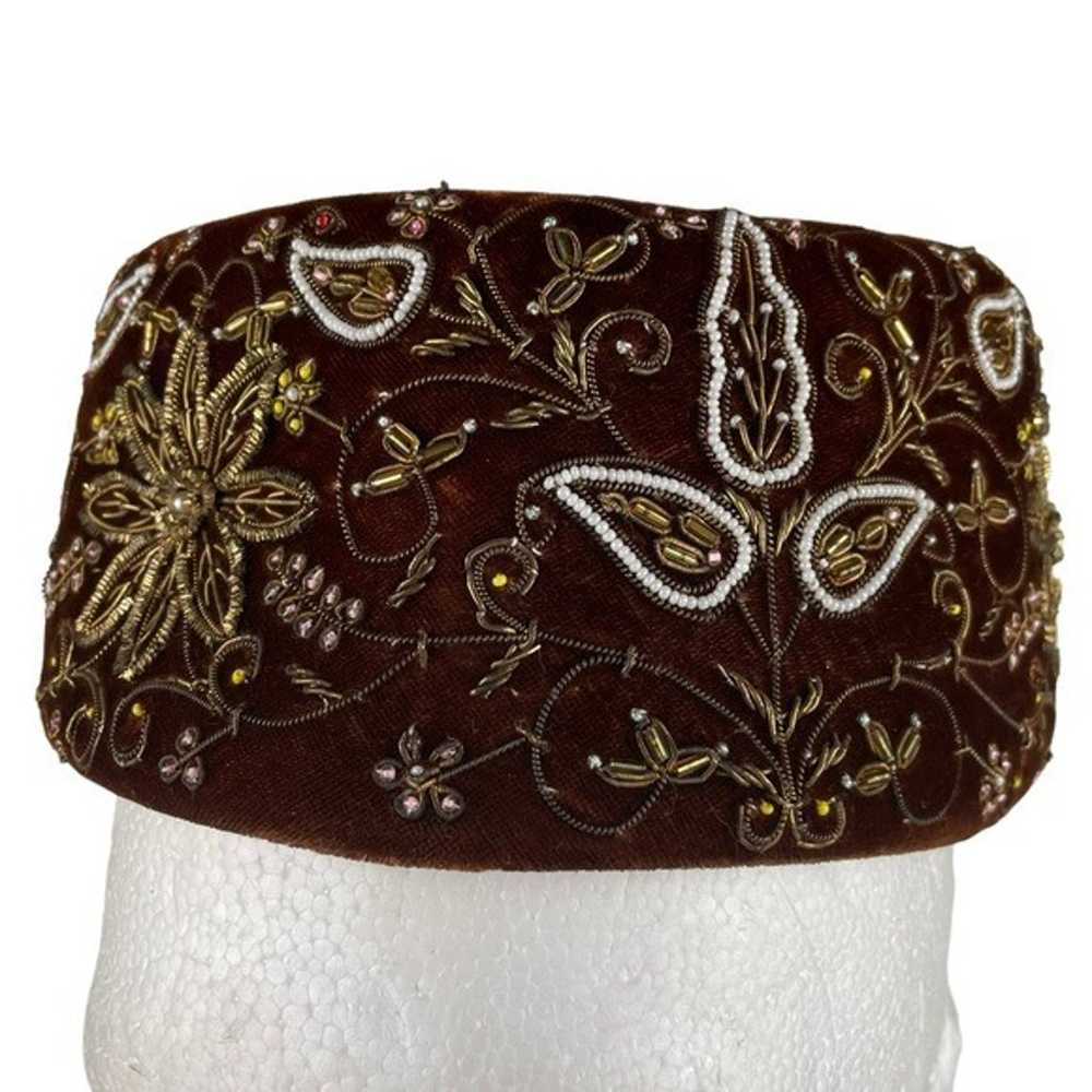 Floral Metallic Beaded Vintage Pillbox Hat Cap 19… - image 2