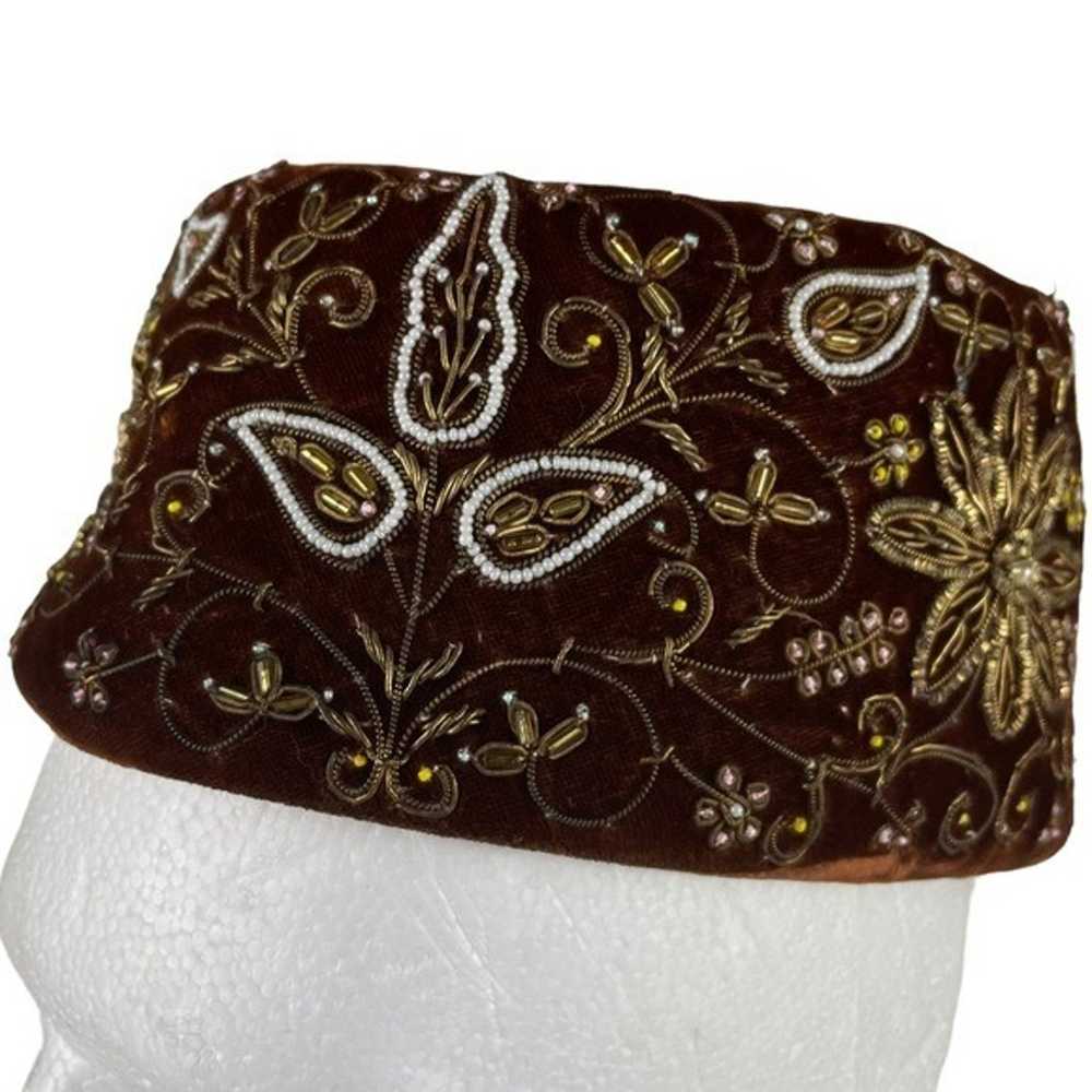 Floral Metallic Beaded Vintage Pillbox Hat Cap 19… - image 4