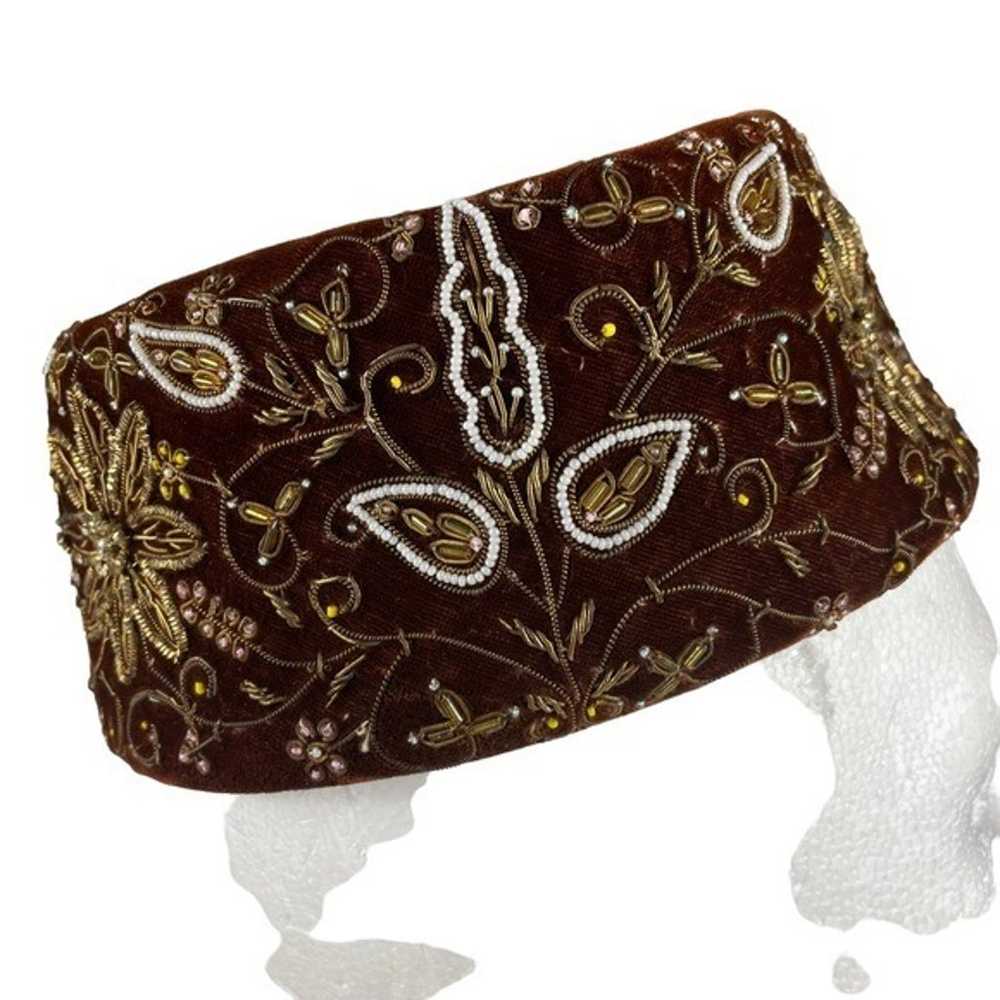 Floral Metallic Beaded Vintage Pillbox Hat Cap 19… - image 8