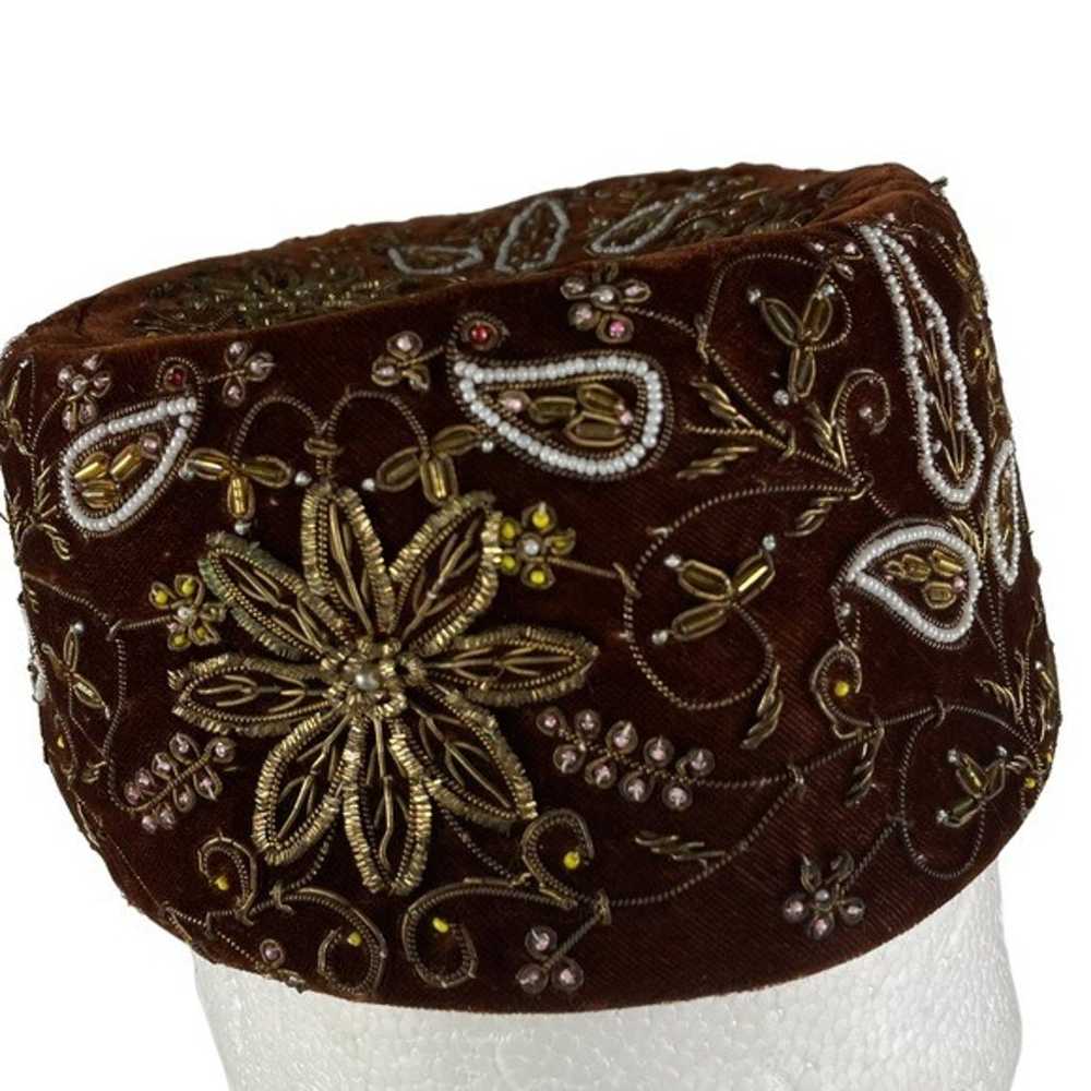 Floral Metallic Beaded Vintage Pillbox Hat Cap 19… - image 9