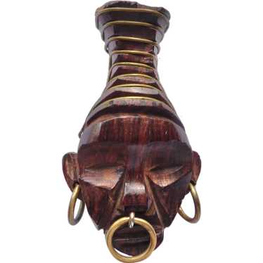 Carved Wood African Tribal Woman Pin