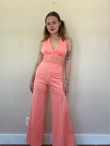 70s Coral Pink Lace Cutout Jumpsuit