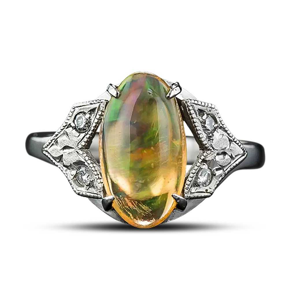 Art Deco-Style Mexican Fire Opal and Diamond Ring - image 6