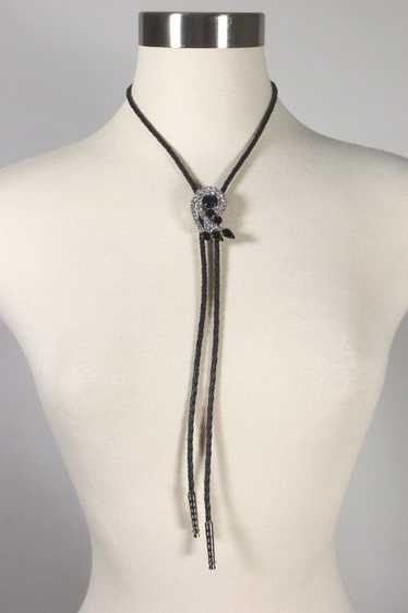 Black clear rhinestones 80s leather bolo tie weste