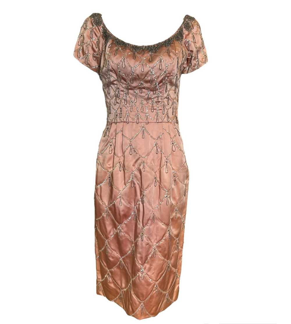 Ceil Chapman 1950s Coral Pink Beaded Dress - image 1