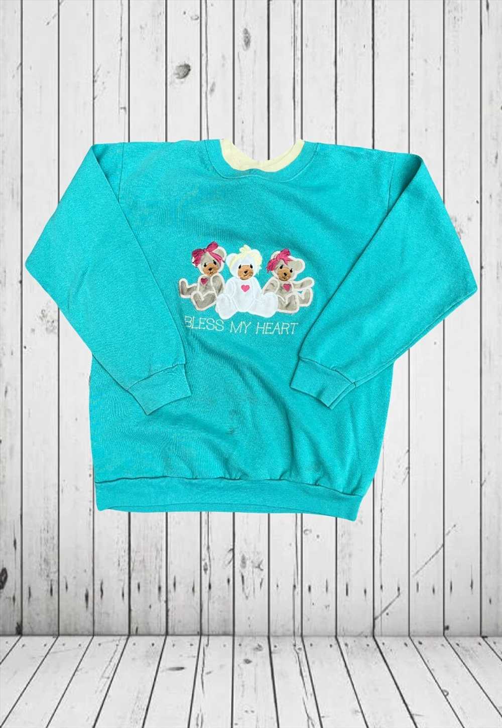 vintage blue cute embroidered teddy bear jumper - image 1