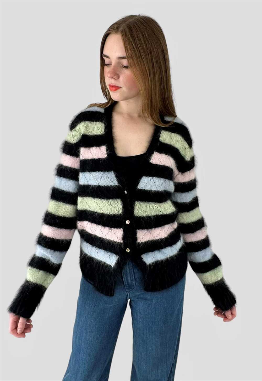 80's Vintage Ladies Black Stripe Fluffy Cardigan … - image 1