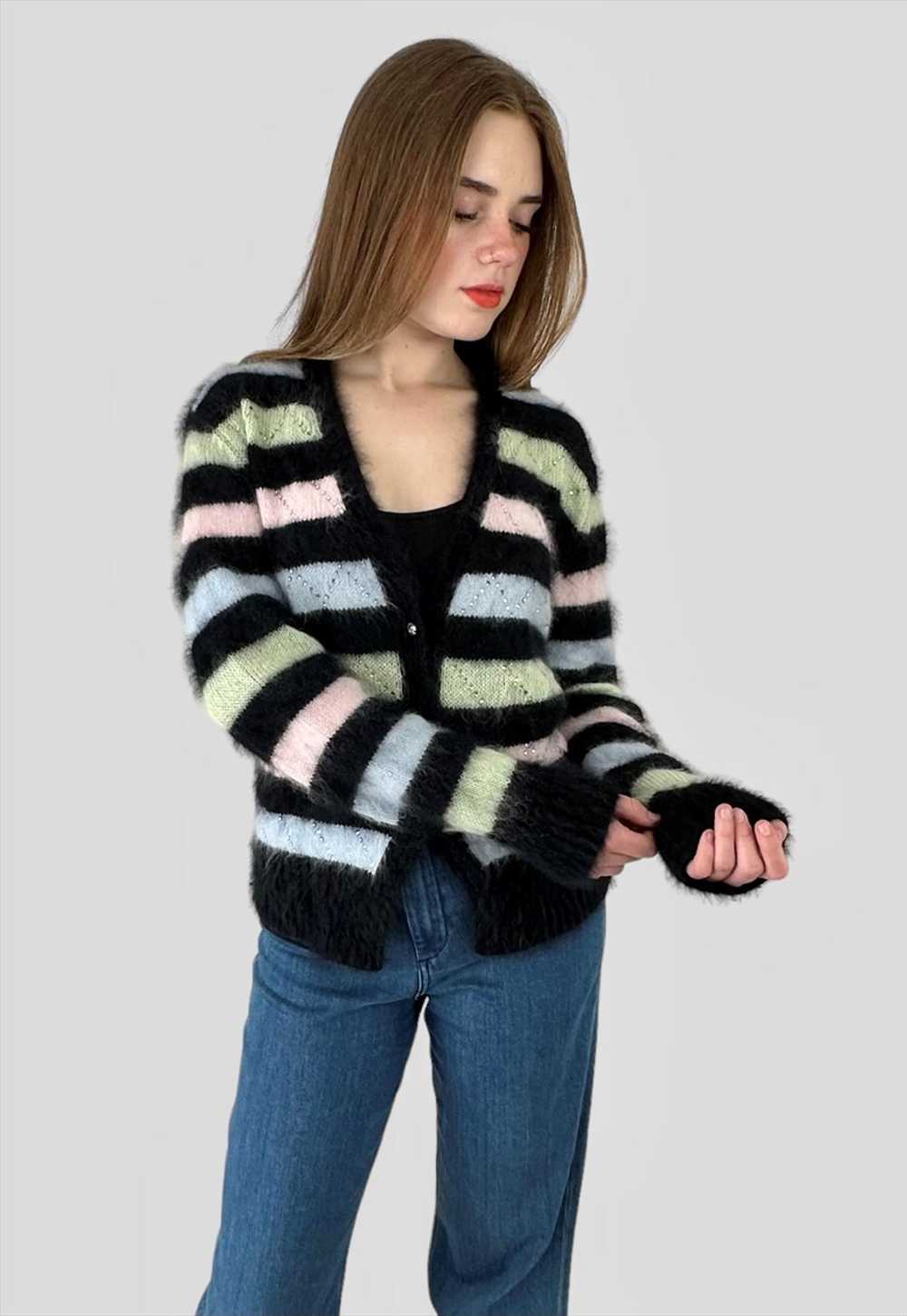 80's Vintage Ladies Black Stripe Fluffy Cardigan … - image 2