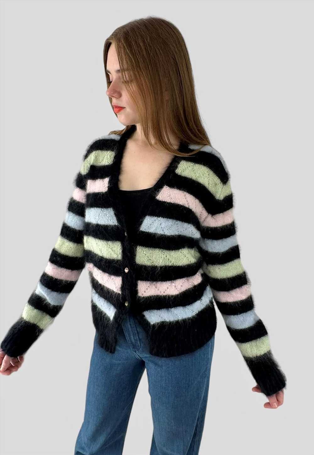 80's Vintage Ladies Black Stripe Fluffy Cardigan … - image 3