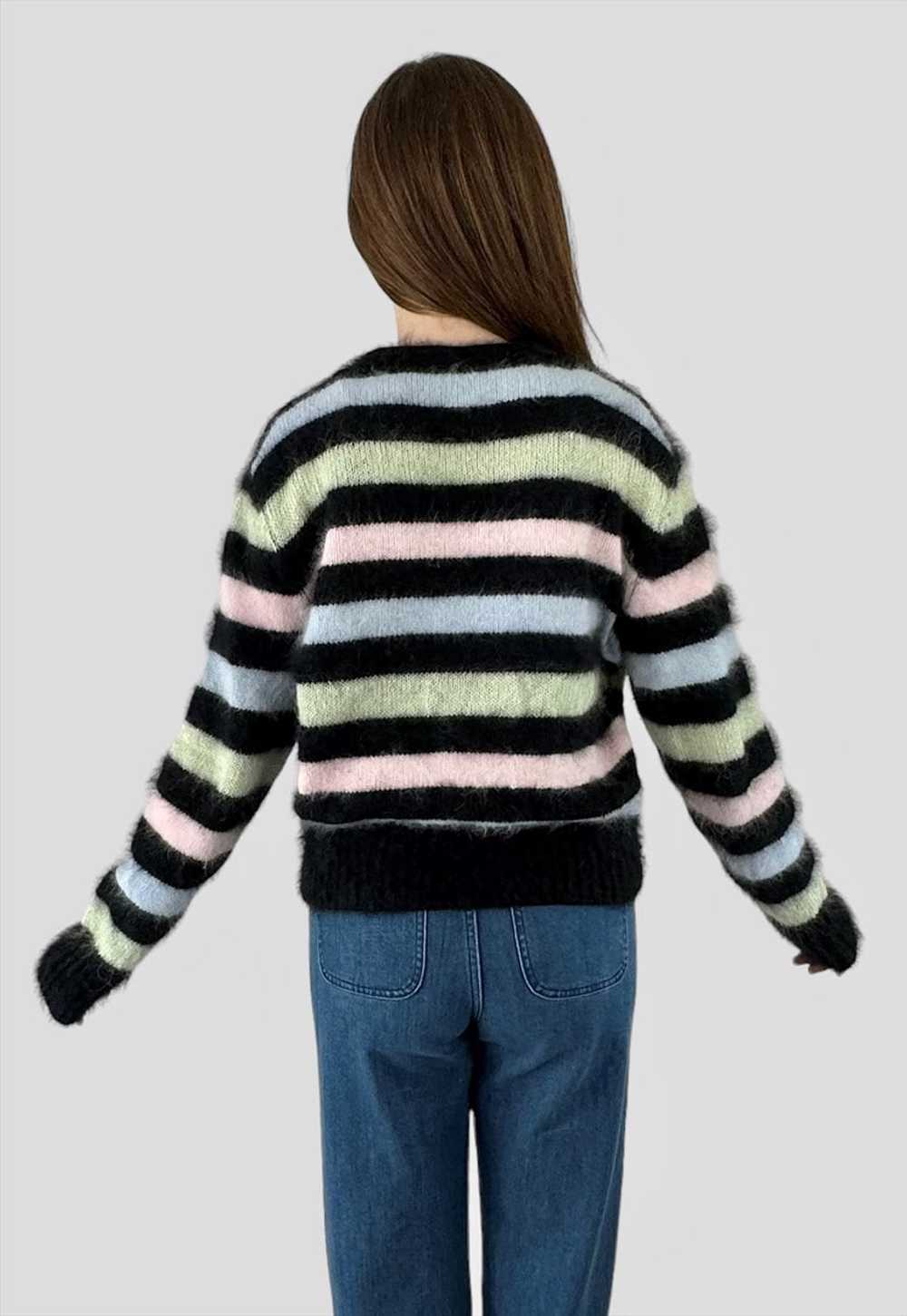 80's Vintage Ladies Black Stripe Fluffy Cardigan … - image 4