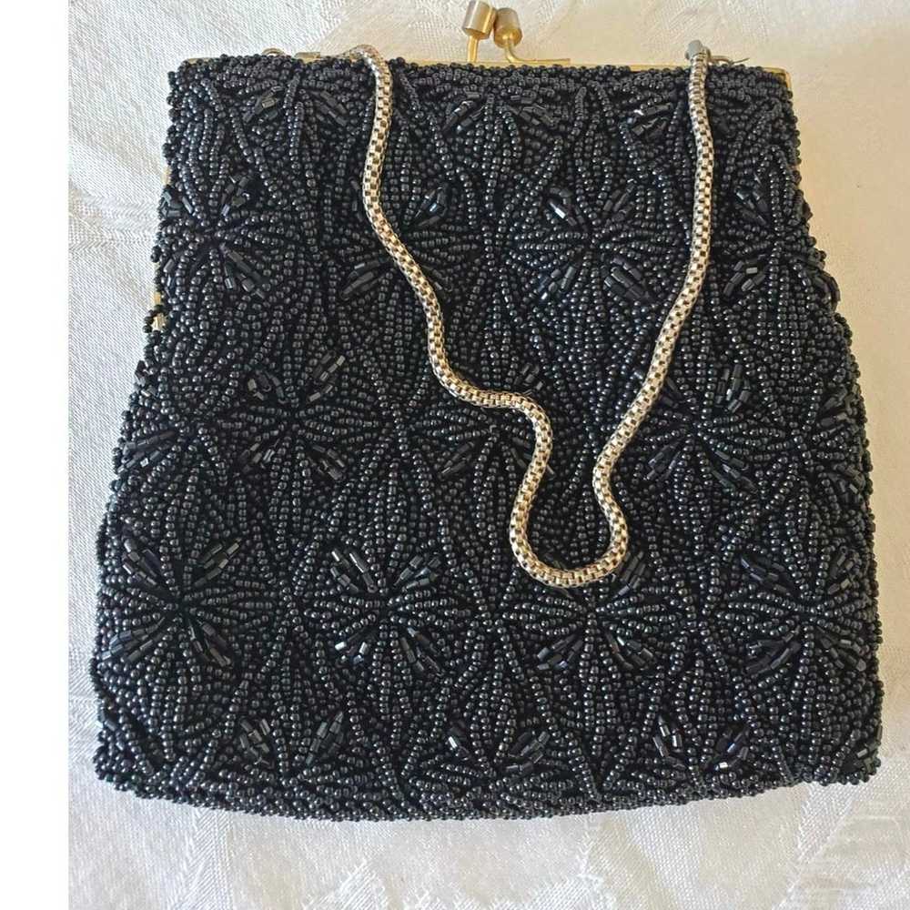 Stunning Vintage Black Glass Beaded Evening Bag G… - image 1