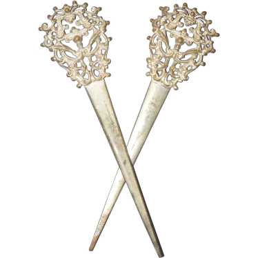 Pair Edwardian Hair Sticks Pins Stamped Metal 6"