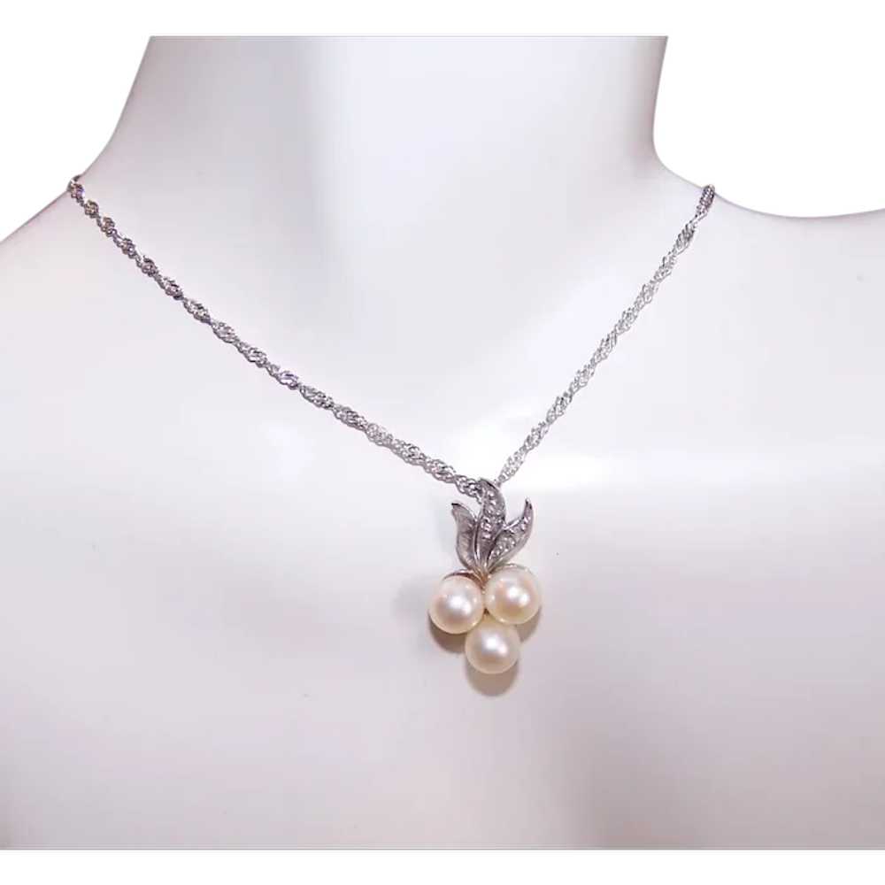 14K Gold Diamond and Cultured Pearl Pendant on 14… - image 1