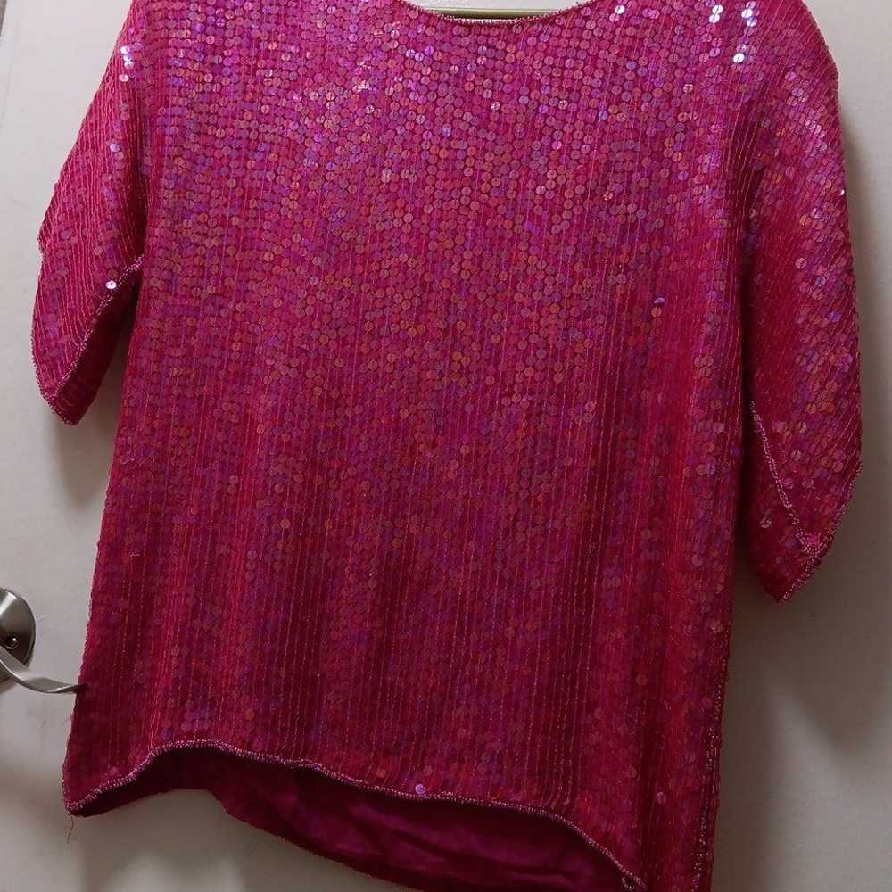 Pink Silk Retro Sequin Sparkle Blouse - image 3