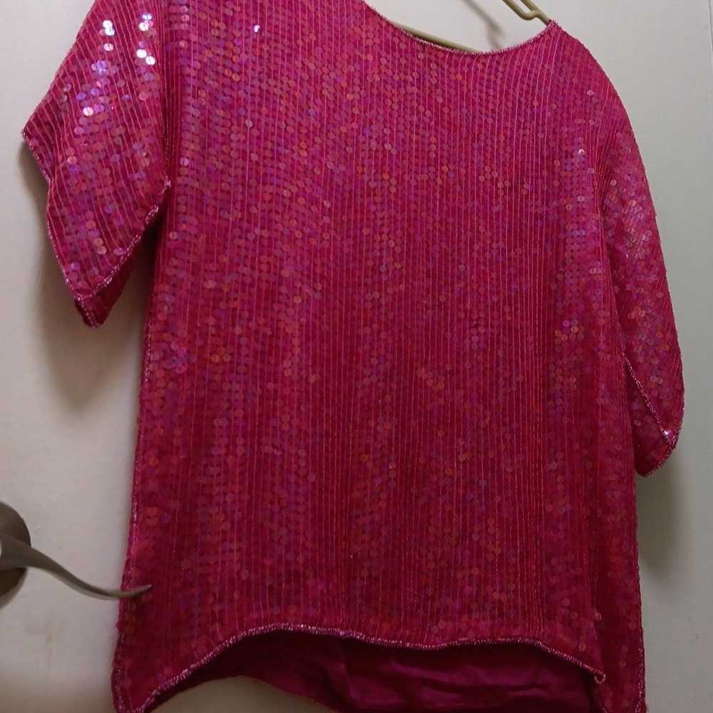 Pink Silk Retro Sequin Sparkle Blouse - image 6