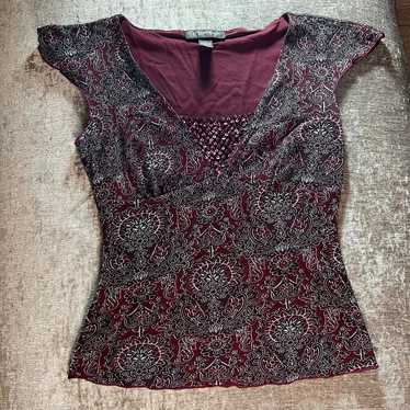 Vintage y2k burgundy floral paisley v neck blouse