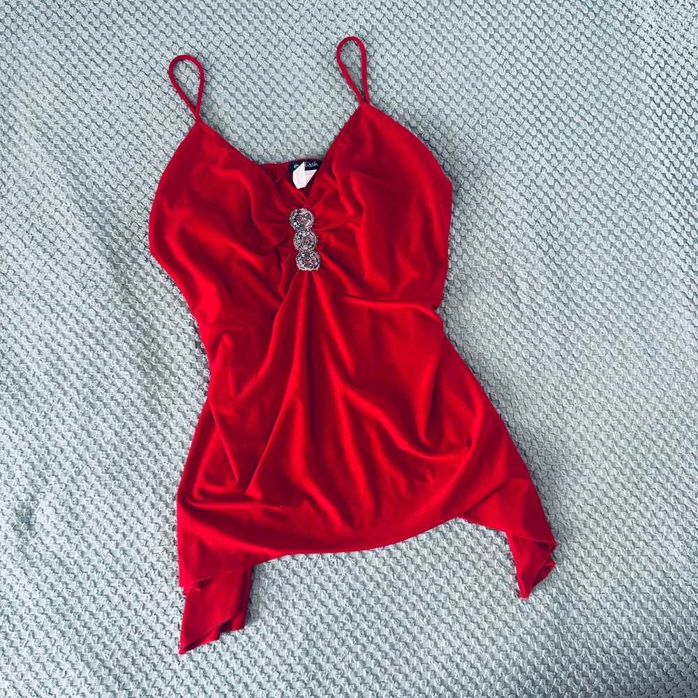 VINTAGE RETRO Y2K RED BABYDOLL ASYMM BEDAZZLED EY… - image 1