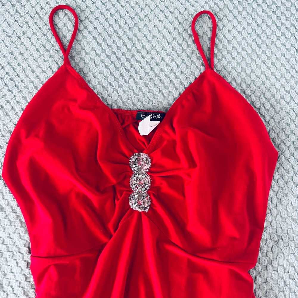 VINTAGE RETRO Y2K RED BABYDOLL ASYMM BEDAZZLED EY… - image 2