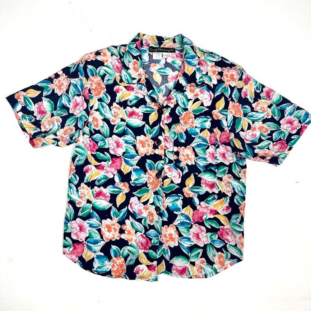 Vintage 80s Navy Floral Button Up Shirt - image 1