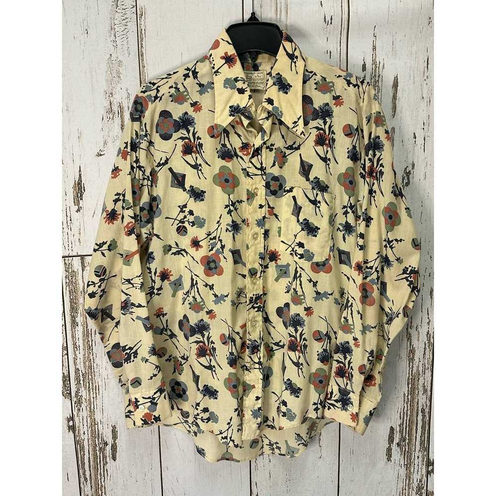 Vintage 70s Kmart Floral Button Up Shirt Light Tan - image 1