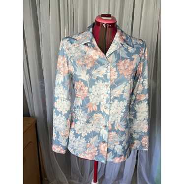 Blouse floral 1970s button up blue pink pastel - image 1