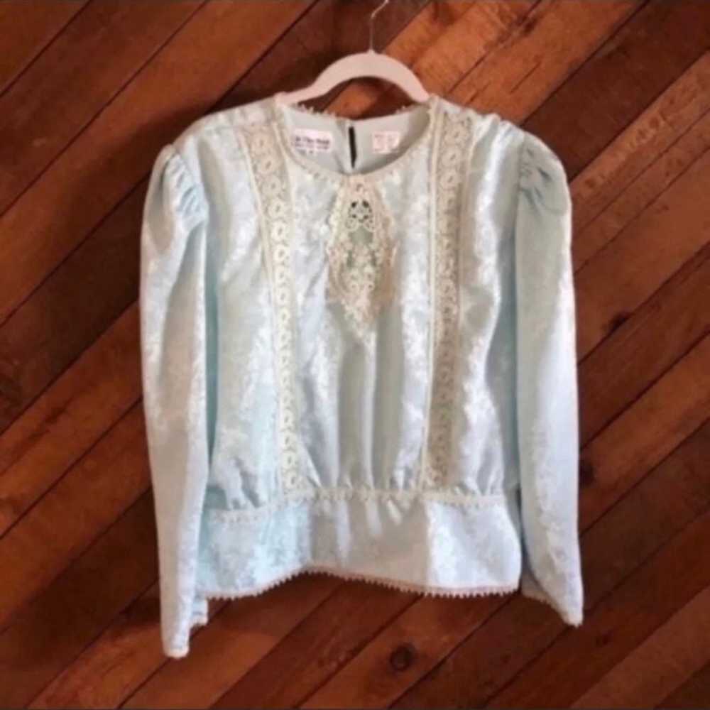 Vintage mint blue lace peasant top - image 10