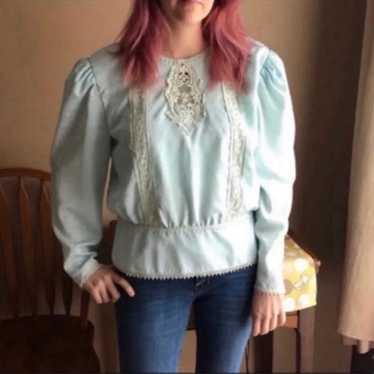 Vintage mint blue lace peasant top - image 1