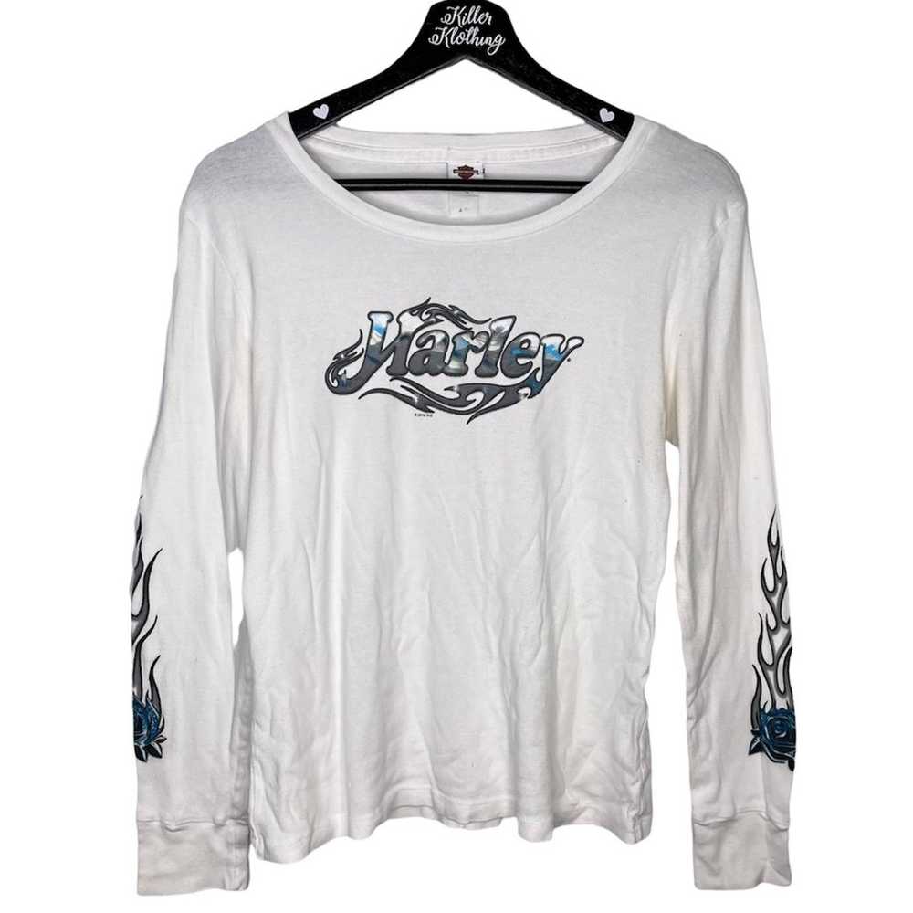 Vintage Harley Davidson Blue Flame Long Sleeve Top - image 1