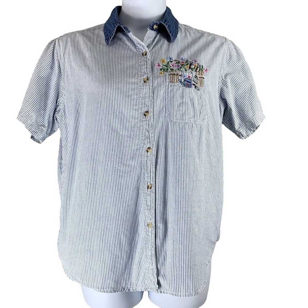 Vintage Top L Striped Floral Embroidery Button Up… - image 1