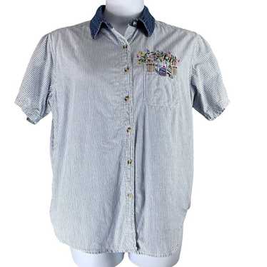 Vintage Top L Striped Floral Embroidery Button Up… - image 1