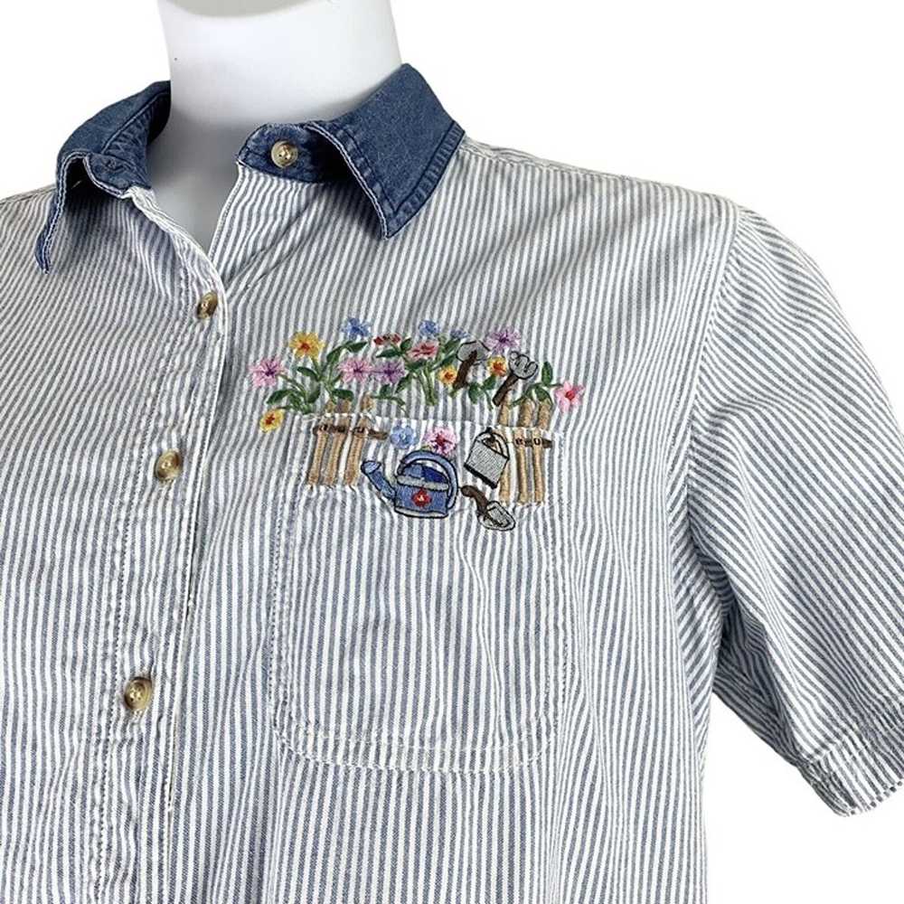 Vintage Top L Striped Floral Embroidery Button Up… - image 2