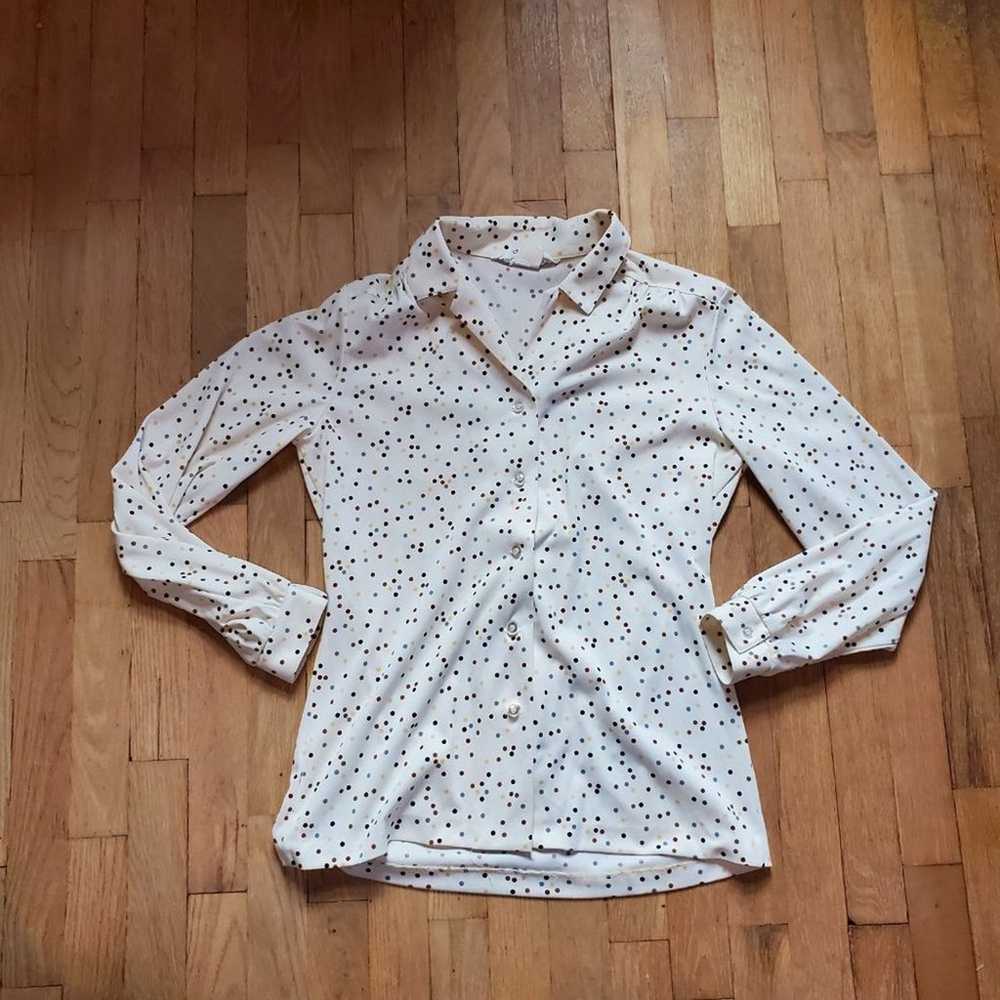 Vintage 60s 70s Ivory Polka Dot Long Sleeve V Nec… - image 10