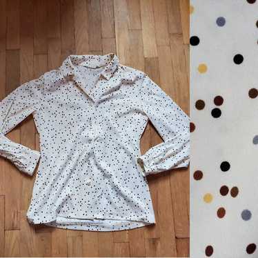 Vintage 60s 70s Ivory Polka Dot Long Sleeve V Nec… - image 1