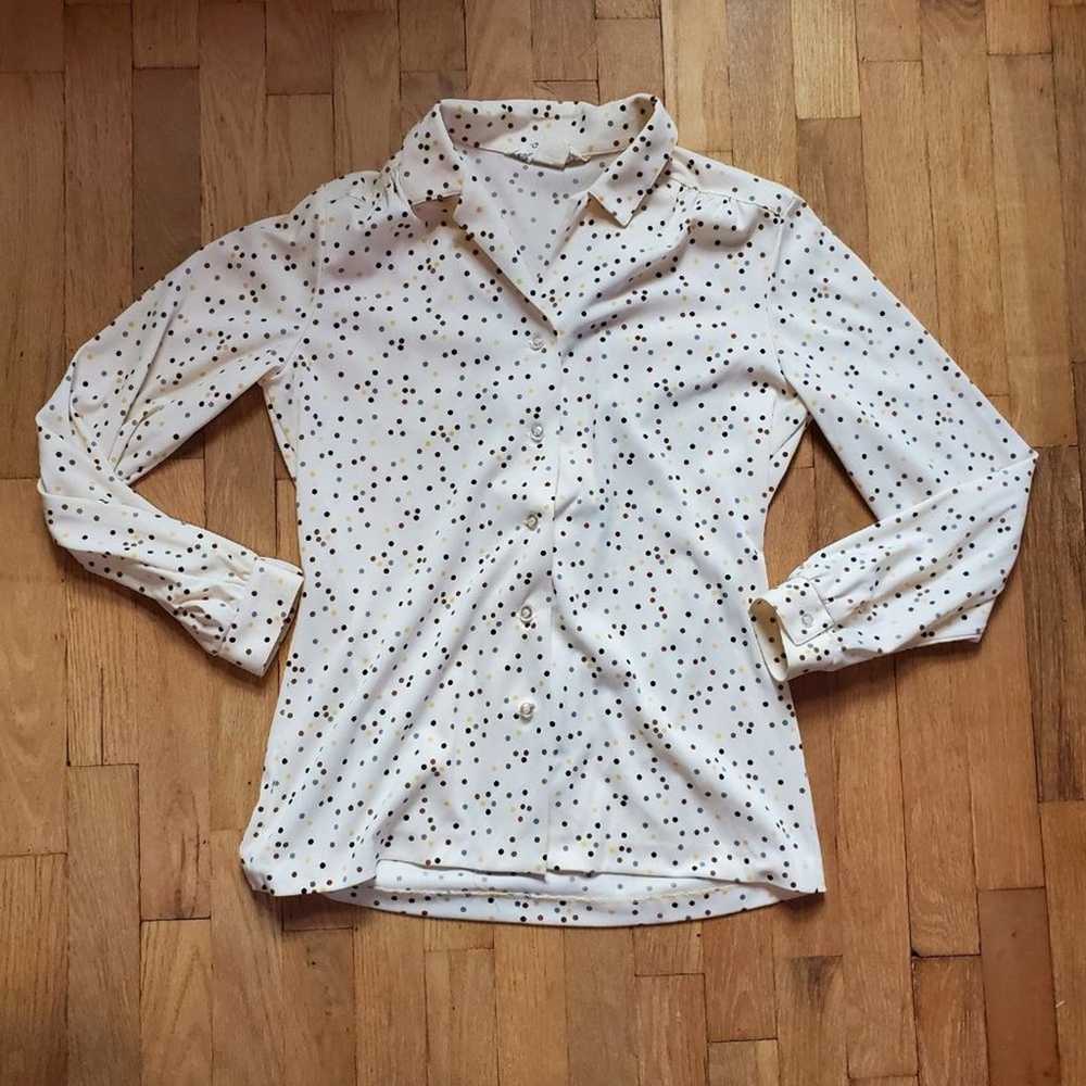 Vintage 60s 70s Ivory Polka Dot Long Sleeve V Nec… - image 9