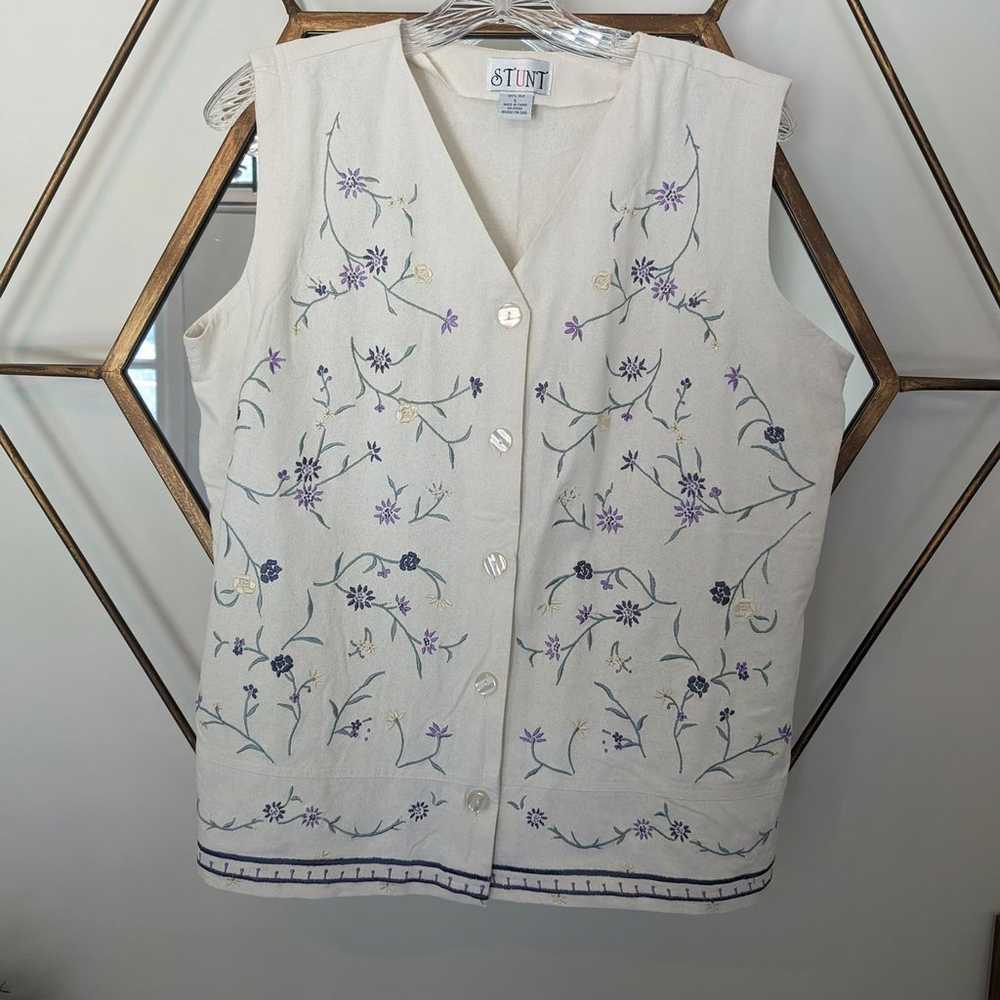 STUNT Vintage 100% Silk Floral embroidered Cream … - image 1