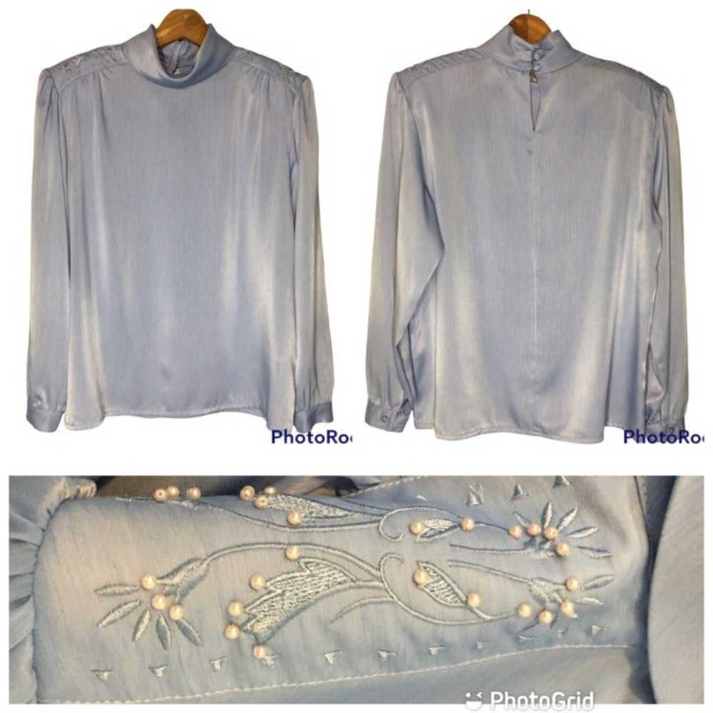 80s Ice Blue High Neck Blouse with Shoulder Pearl… - image 1