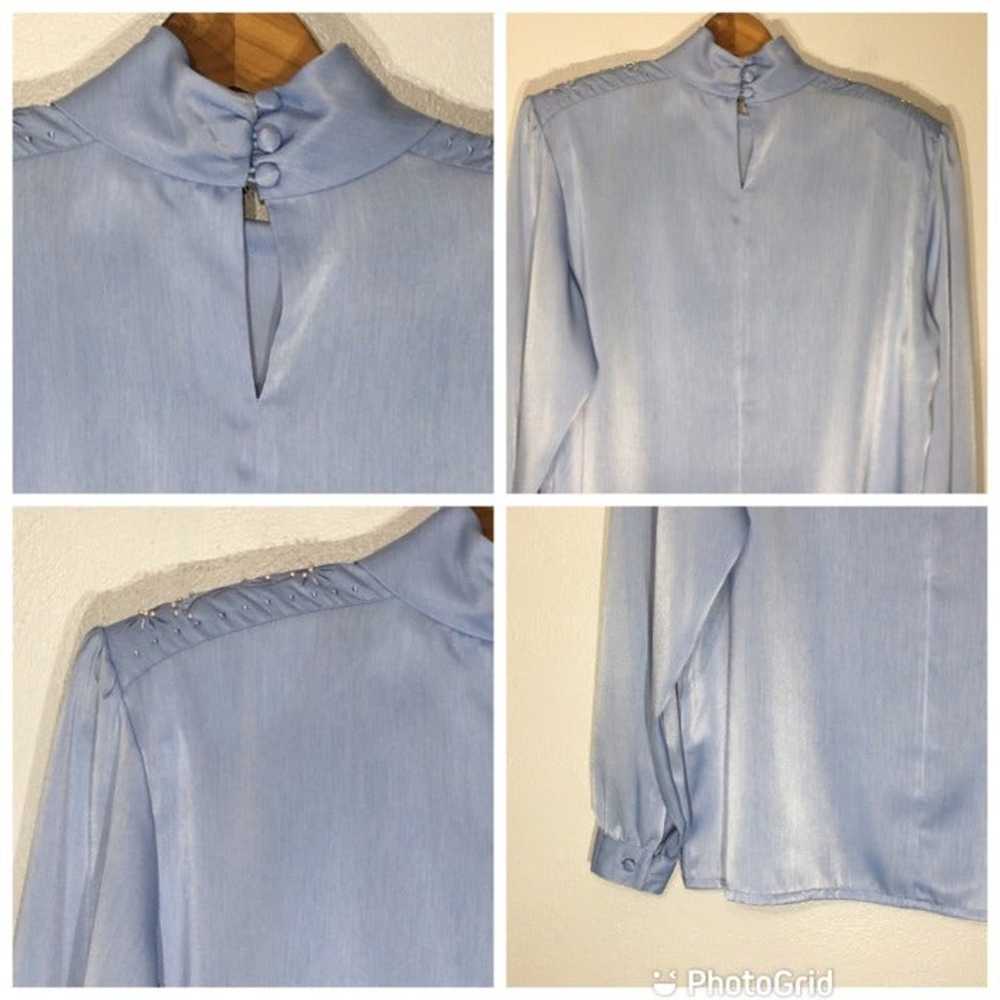 80s Ice Blue High Neck Blouse with Shoulder Pearl… - image 4