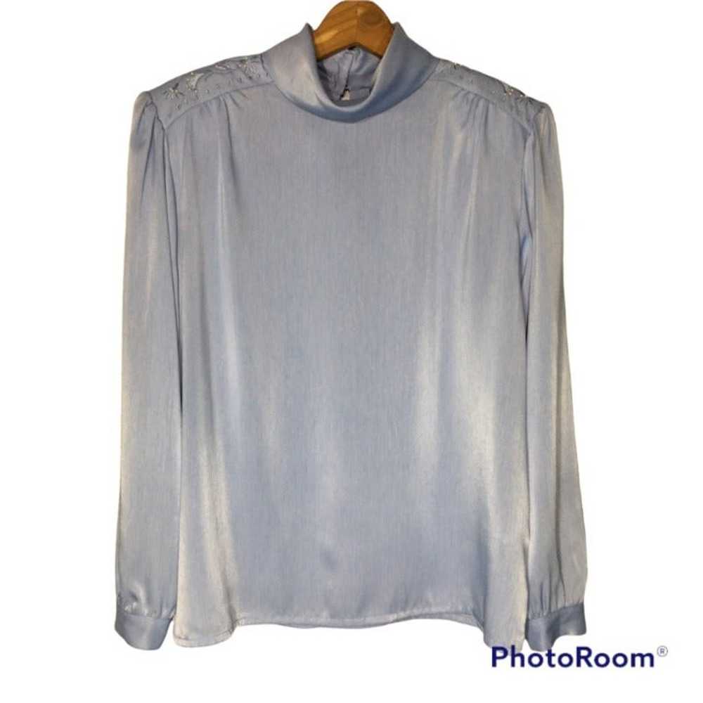 80s Ice Blue High Neck Blouse with Shoulder Pearl… - image 5