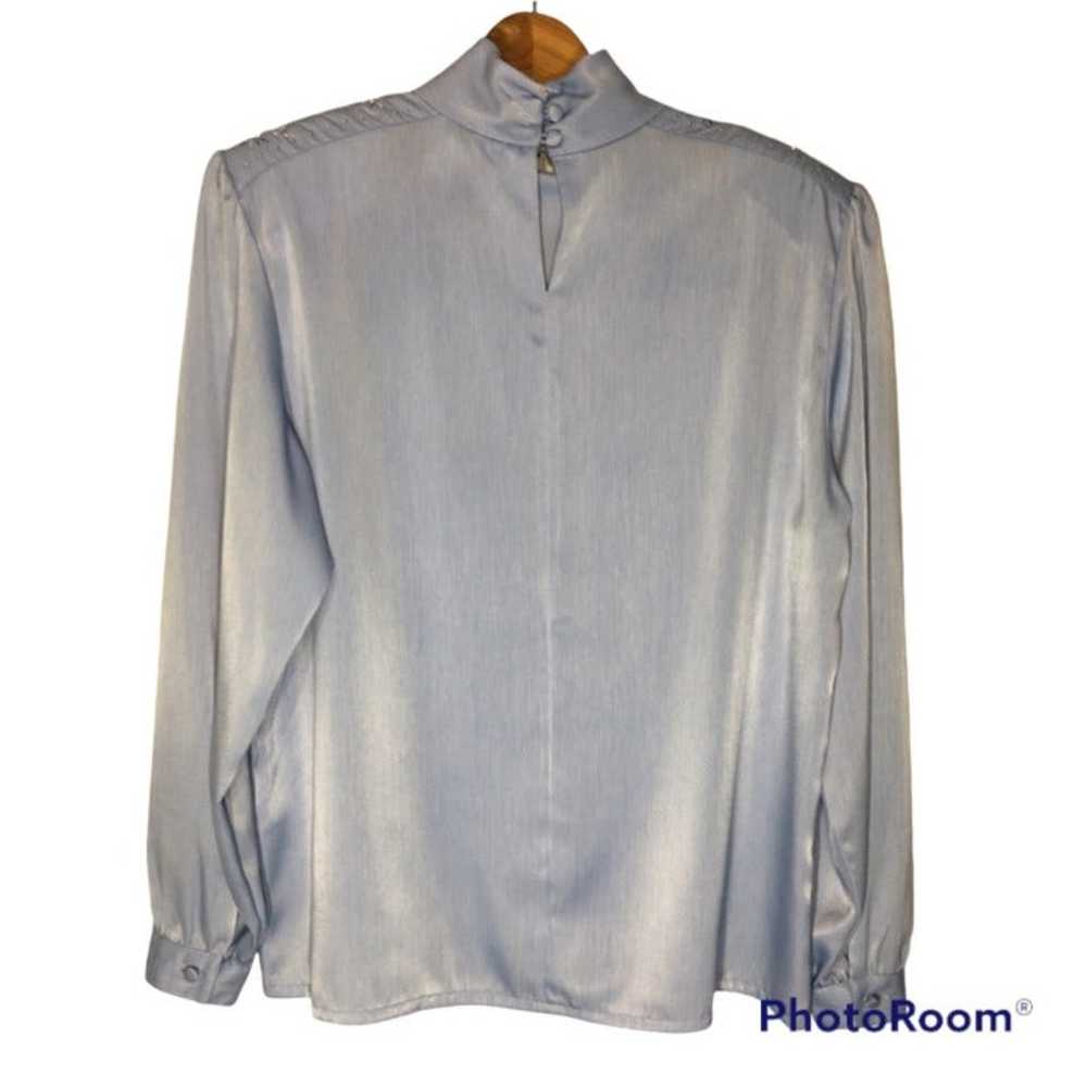 80s Ice Blue High Neck Blouse with Shoulder Pearl… - image 6