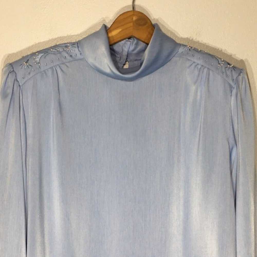 80s Ice Blue High Neck Blouse with Shoulder Pearl… - image 8