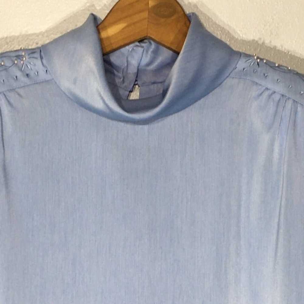 80s Ice Blue High Neck Blouse with Shoulder Pearl… - image 9