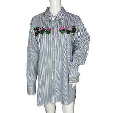 Quacker Factory Shirt Womens Large Blue White Str… - image 1