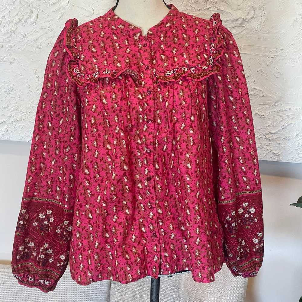 Joie Hot Pink Ruffle Peasant Blouse Button Front … - image 1