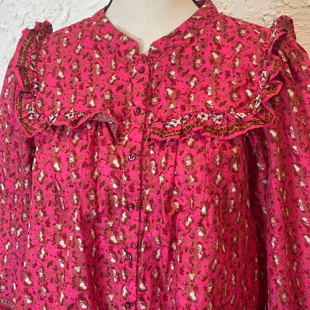 Joie Hot Pink Ruffle Peasant Blouse Button Front … - image 2