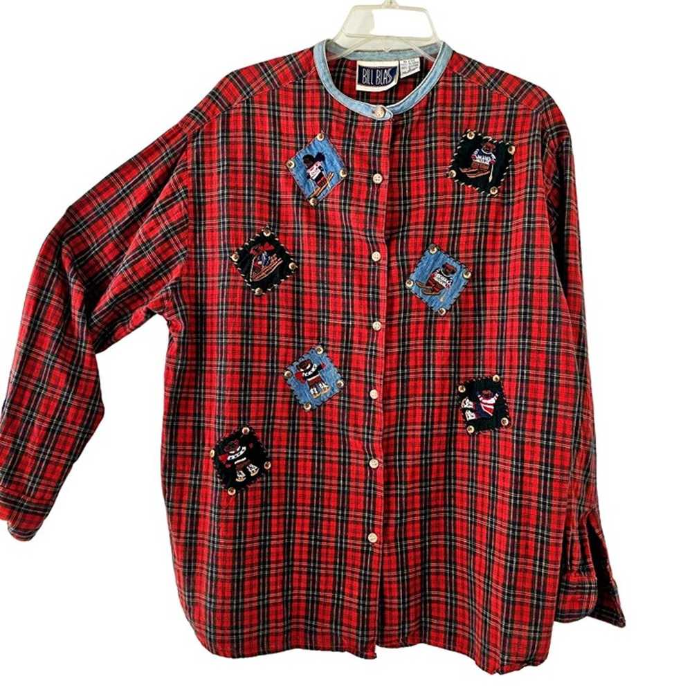 80s Bill Blass Christmas Shirt Red Plaid Patch Ap… - image 3